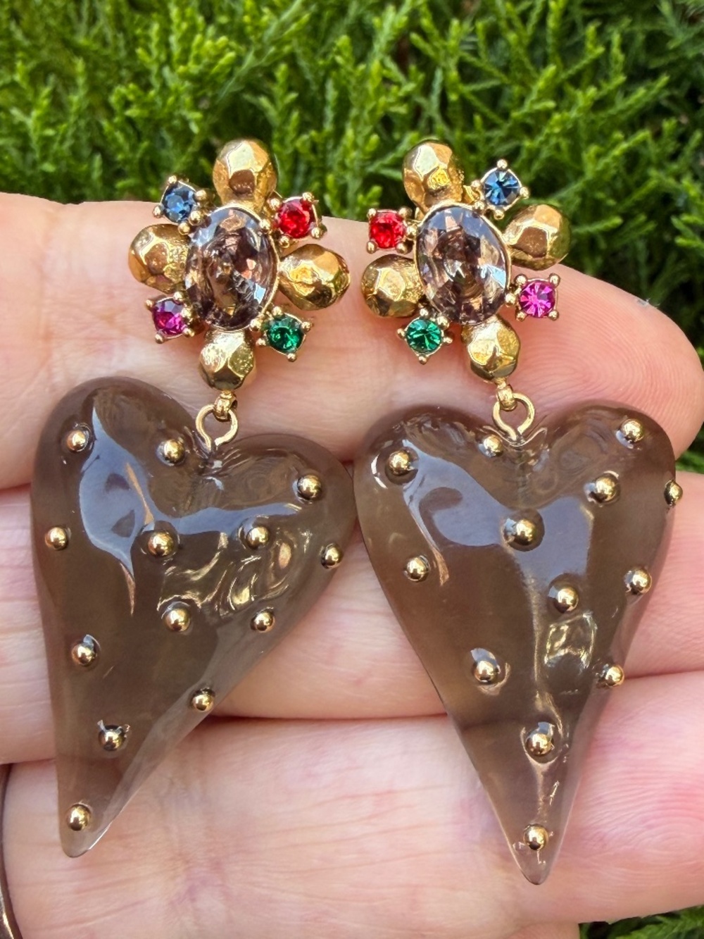 VINTAGE MULTI COLOR RHINESTONE CRYSTALS LUCITE DROP DANGLE STATEMENT EARRINGS